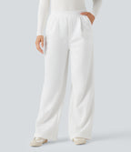 High Waisted Straight Leg Fleece Work Trousers with Pockets — White — view 8