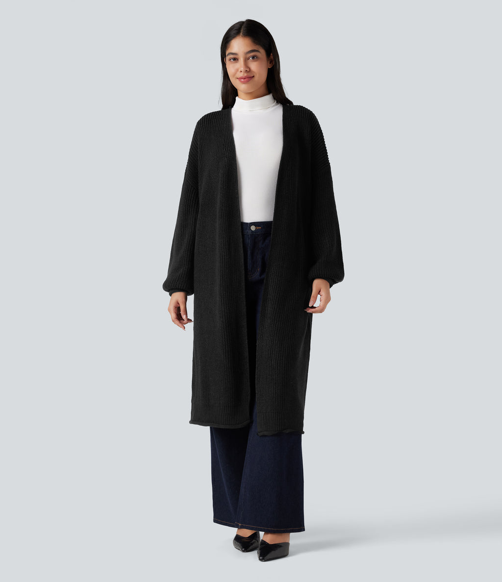 Long Sleeve Open Front Longline Jumper Knit Work Cardigan — Black — view 6