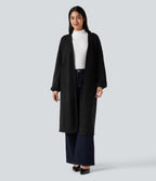 Long Sleeve Open Front Longline Jumper Knit Work Cardigan — Black — view 6