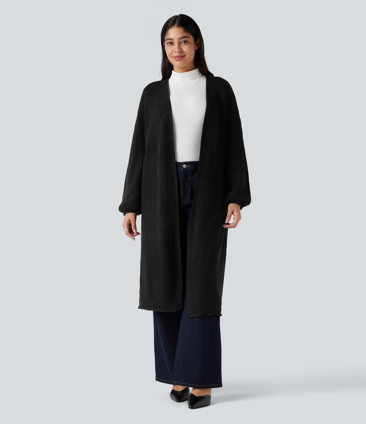 Long Sleeve Open Front Longline Jumper Knit Work Cardigan — Black — view 6