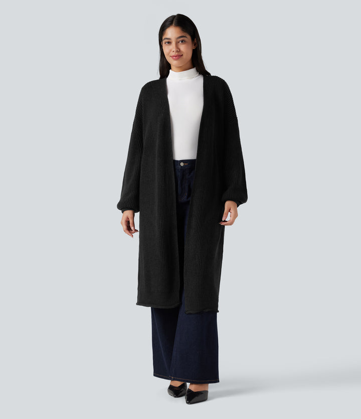 Long Sleeve Open Front Longline Jumper Knit Work Cardigan — Black — view 6