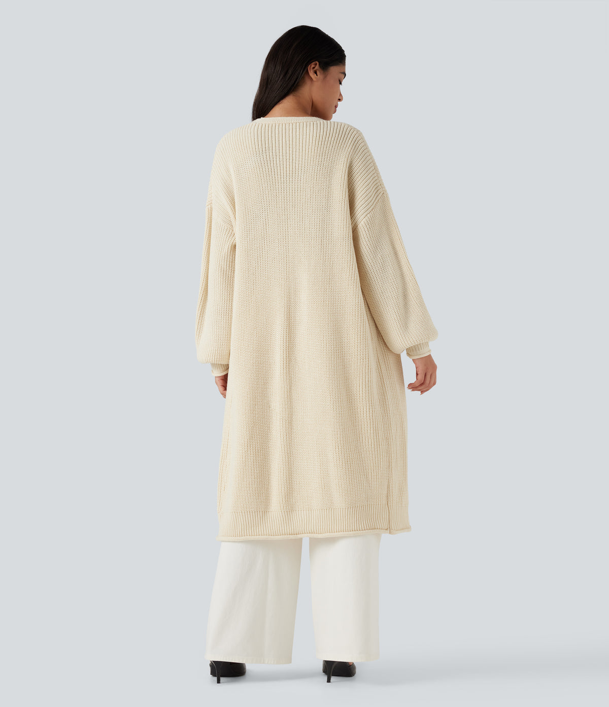 Long Sleeve Open Front Longline Jumper Knit Work Cardigan — White Swan — view 2