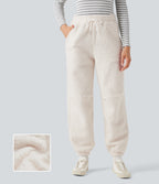 Mid Rise Drawstring Casual Teddy Joggers with Pockets — Whisper White — view 1