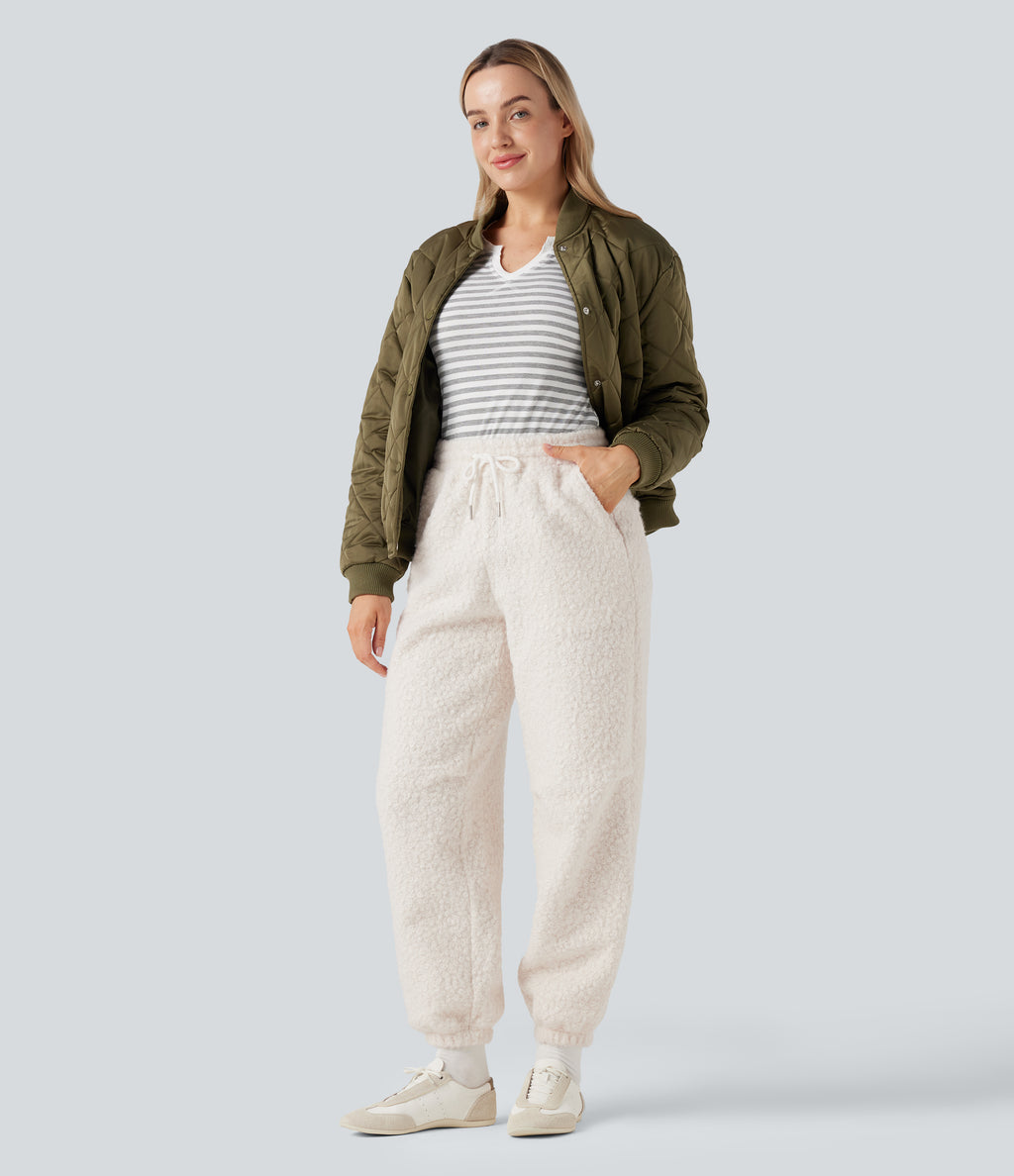 Mid Rise Drawstring Casual Teddy Joggers with Pockets — Whisper White — view 7
