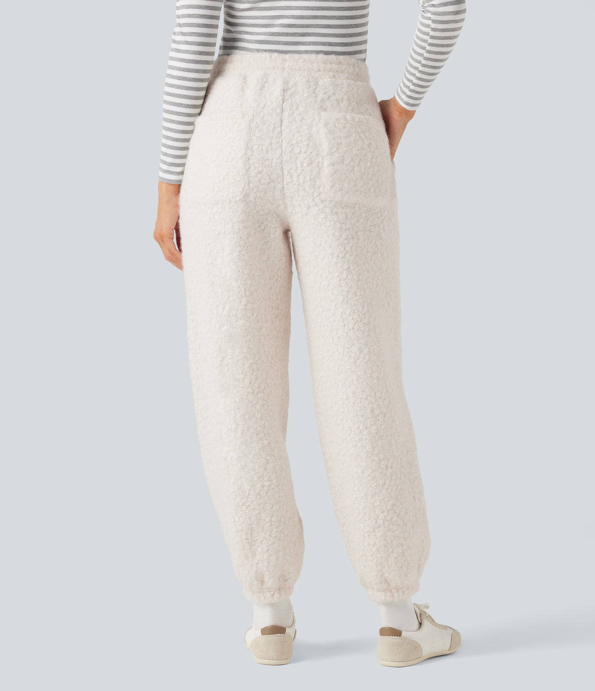 Mid Rise Drawstring Casual Teddy Joggers with Pockets — Whisper White — view 2