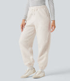 Mid Rise Drawstring Casual Teddy Joggers with Pockets — Whisper White — view 3
