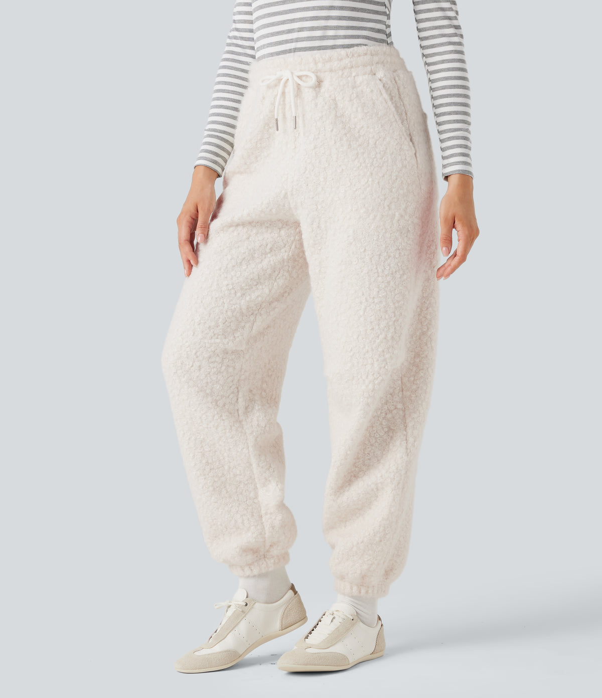 Mid Rise Drawstring Casual Teddy Joggers with Pockets — Whisper White — view 3