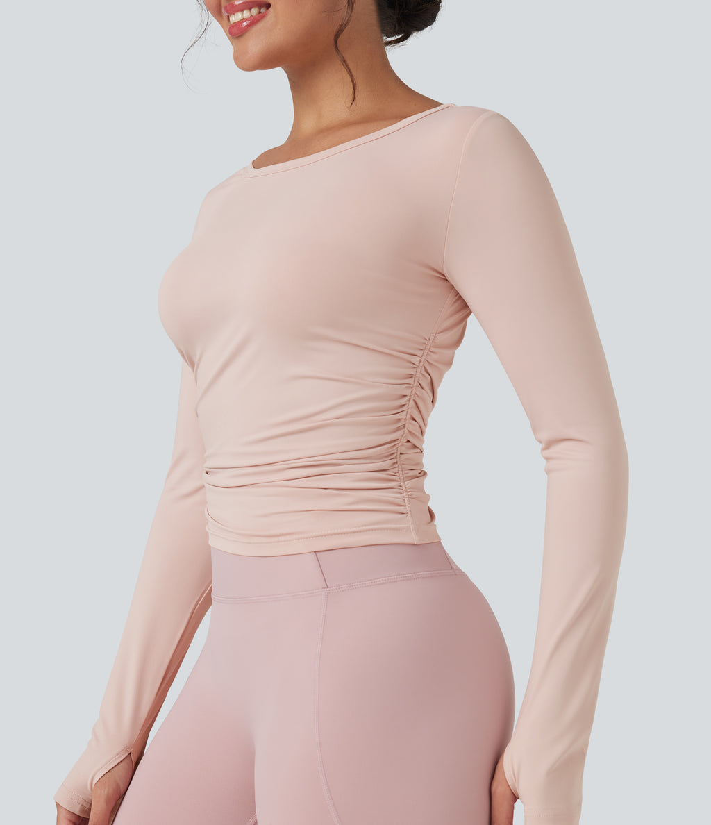 Round Neck Long Sleeve Thumb Holes Ruched Yoga Sports Top — Shell — view 4