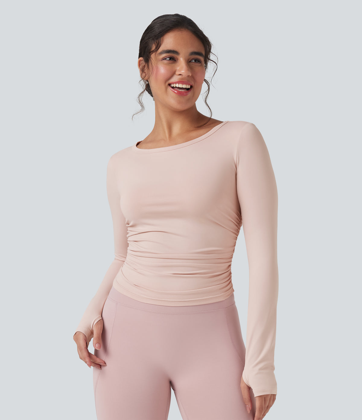 Round Neck Long Sleeve Thumb Holes Ruched Yoga Sports Top — Shell — view 1