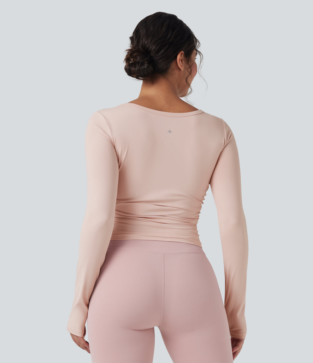 Round Neck Long Sleeve Thumb Holes Ruched Yoga Sports Top — Shell — view 2