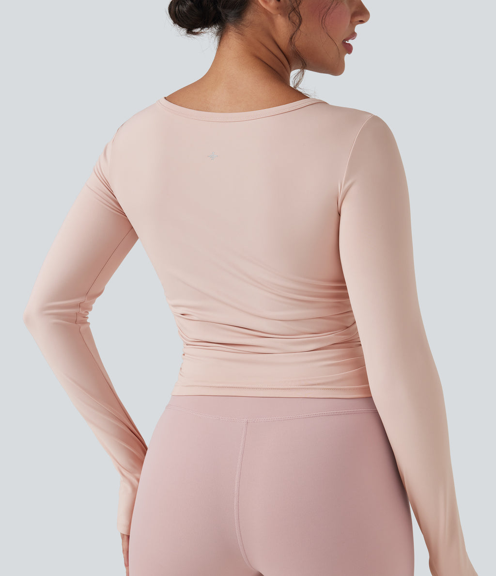 Round Neck Long Sleeve Thumb Holes Ruched Yoga Sports Top — Shell — view 5