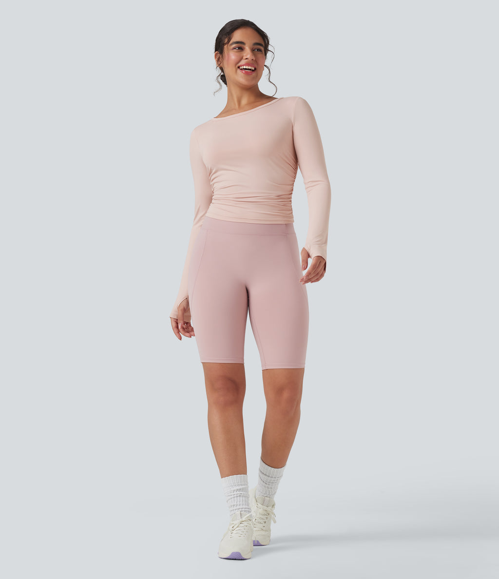 Round Neck Long Sleeve Thumb Holes Ruched Yoga Sports Top — Shell — view 6