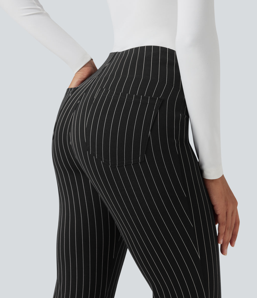 High Waisted Striped Work Flared Trousers with Pockets — Black White Pinstripe — view 5