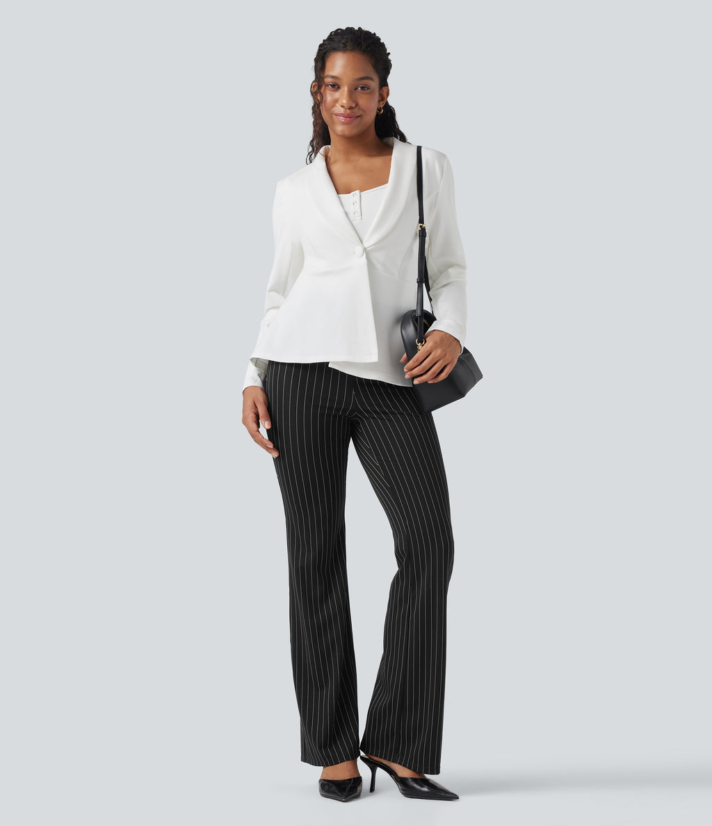 High Waisted Striped Work Flared Trousers with Pockets — Black White Pinstripe — view 6