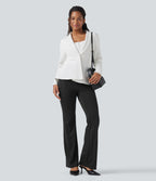 High Waisted Striped Work Flared Trousers with Pockets — Black White Pinstripe — view 6