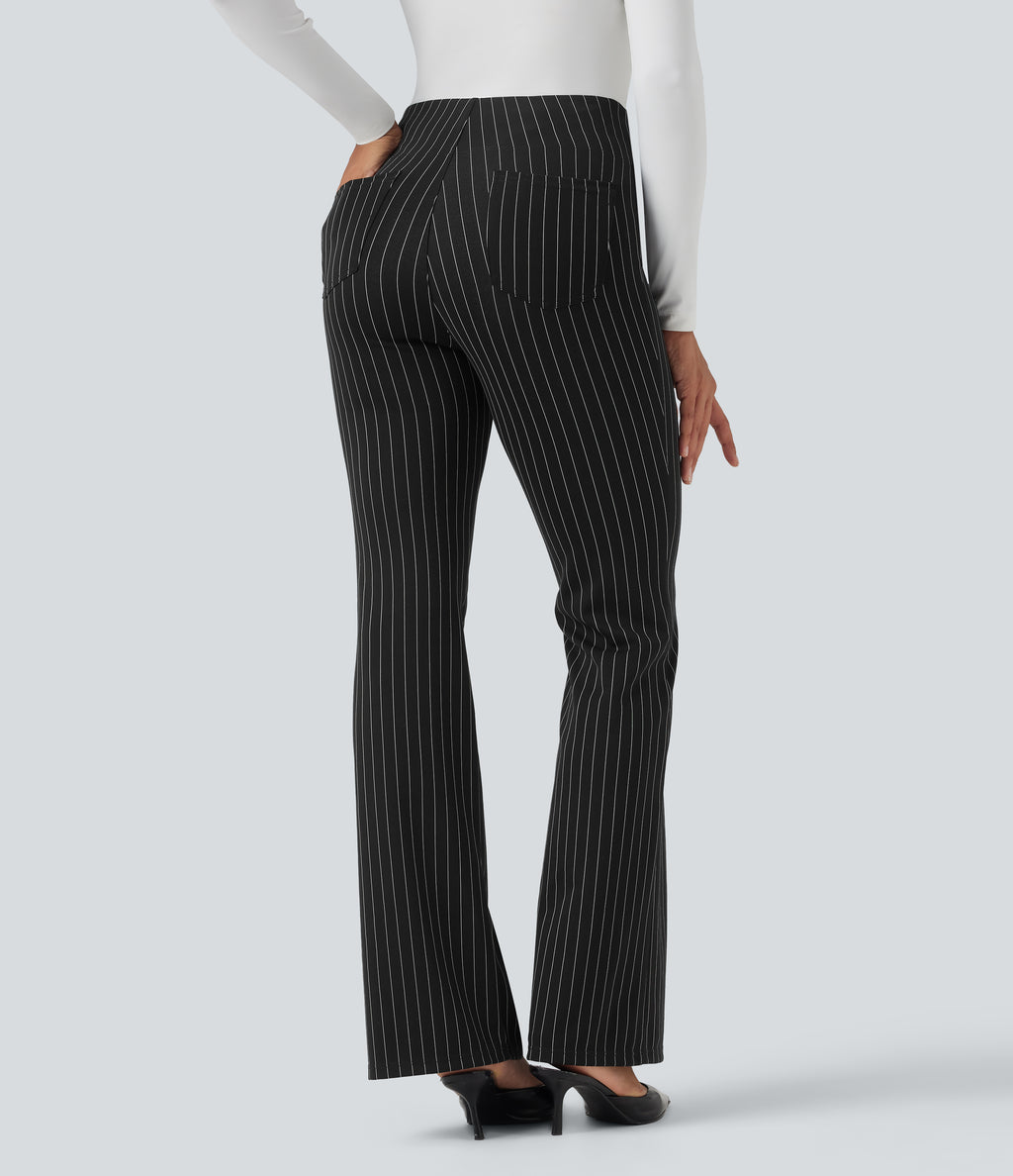 High Waisted Striped Work Flared Trousers with Pockets — Black White Pinstripe — view 2