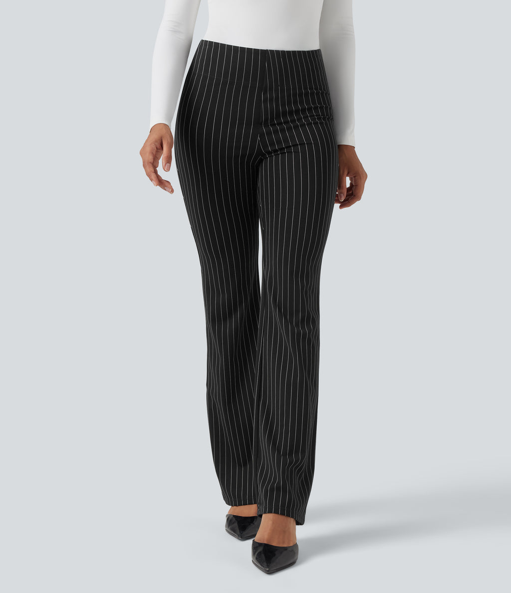High Waisted Striped Work Flared Trousers with Pockets — Black White Pinstripe — view 3