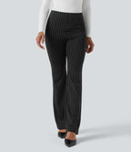 High Waisted Striped Work Flared Trousers with Pockets — Black White Pinstripe — view 3