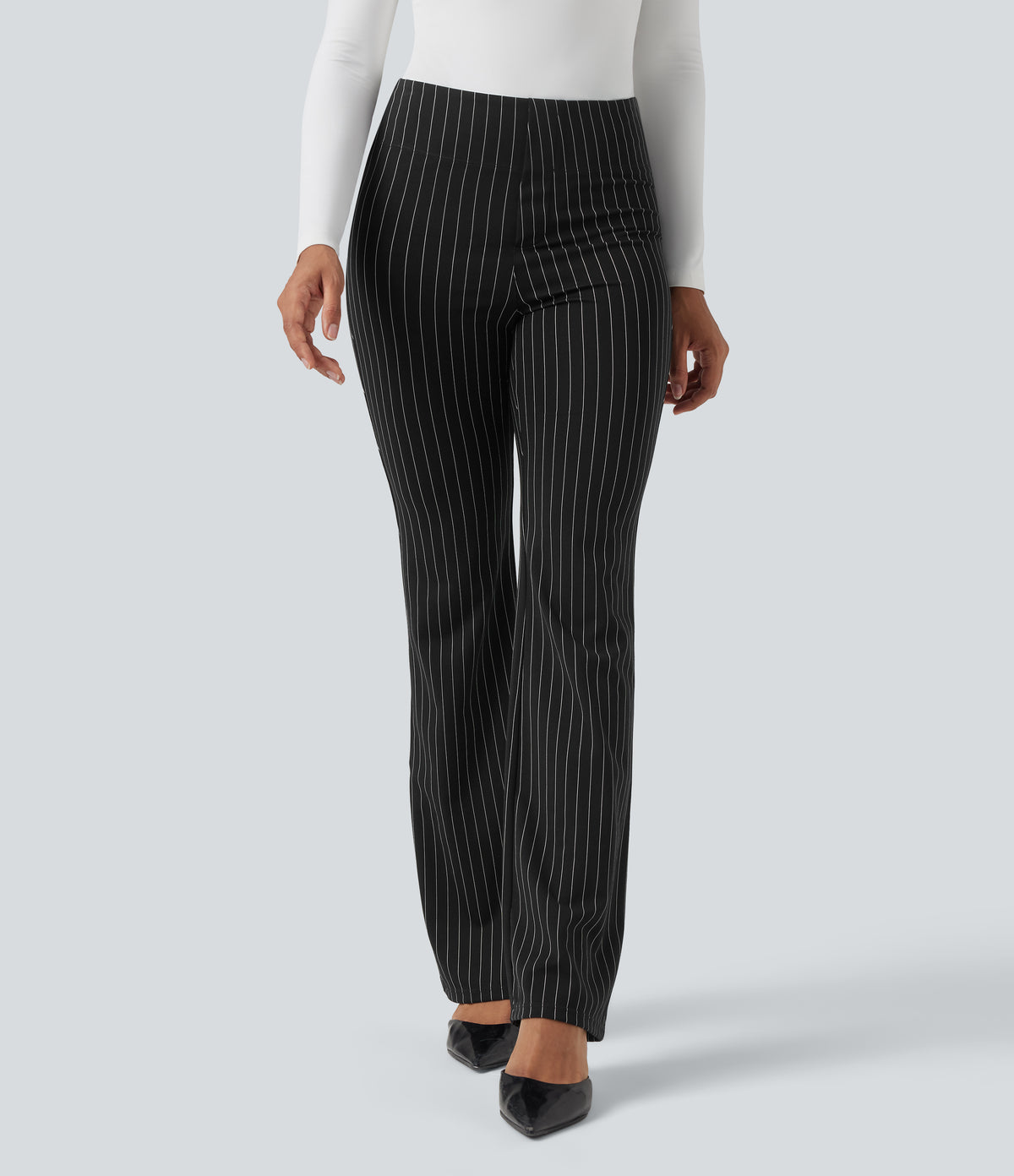 High Waisted Striped Work Flared Trousers with Pockets — Black White Pinstripe — view 3