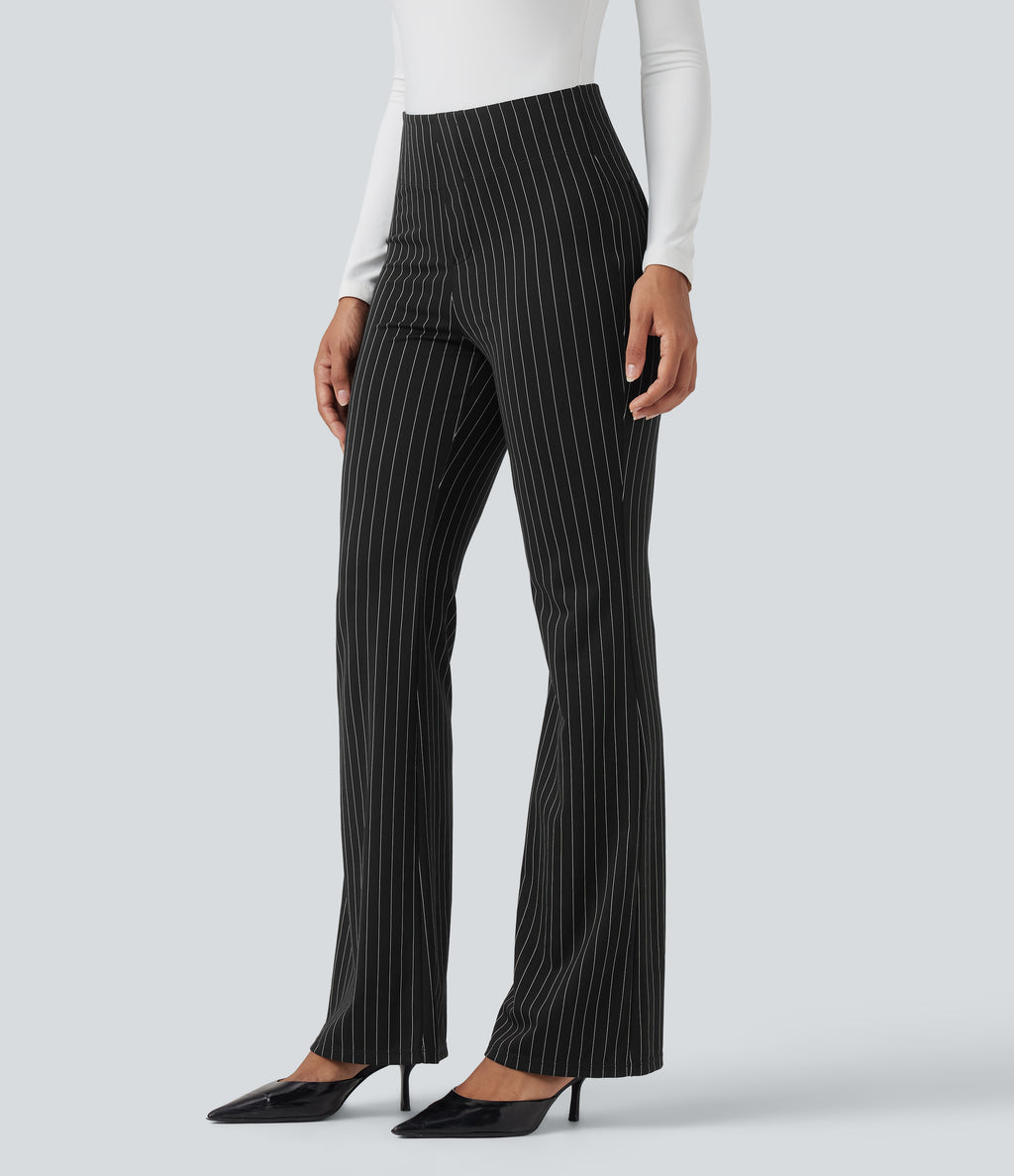 High Waisted Striped Work Flared Trousers with Pockets — Black White Pinstripe — view 1