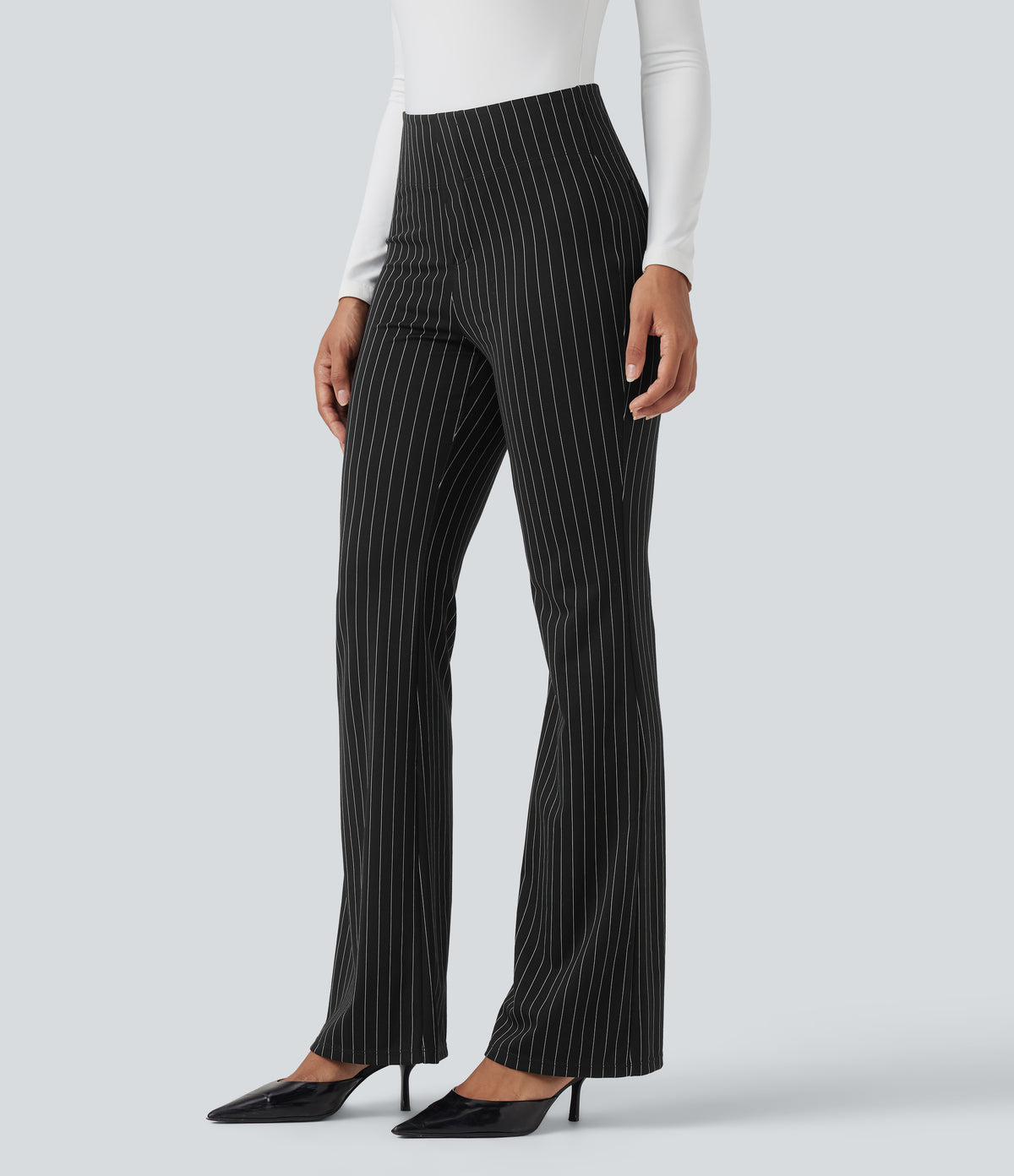 High Waisted Striped Work Flared Trousers with Pockets — Black White Pinstripe — view 1