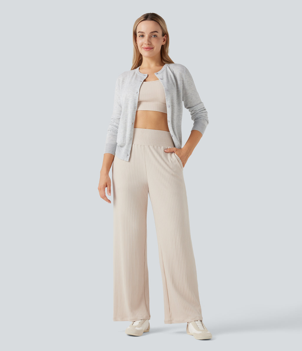 Ribbed Knit High Waisted Casual Trousers with Pockets — Turtledove — view 6