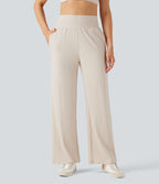 Ribbed Knit High Waisted Casual Trousers with Pockets — Turtledove — view 1
