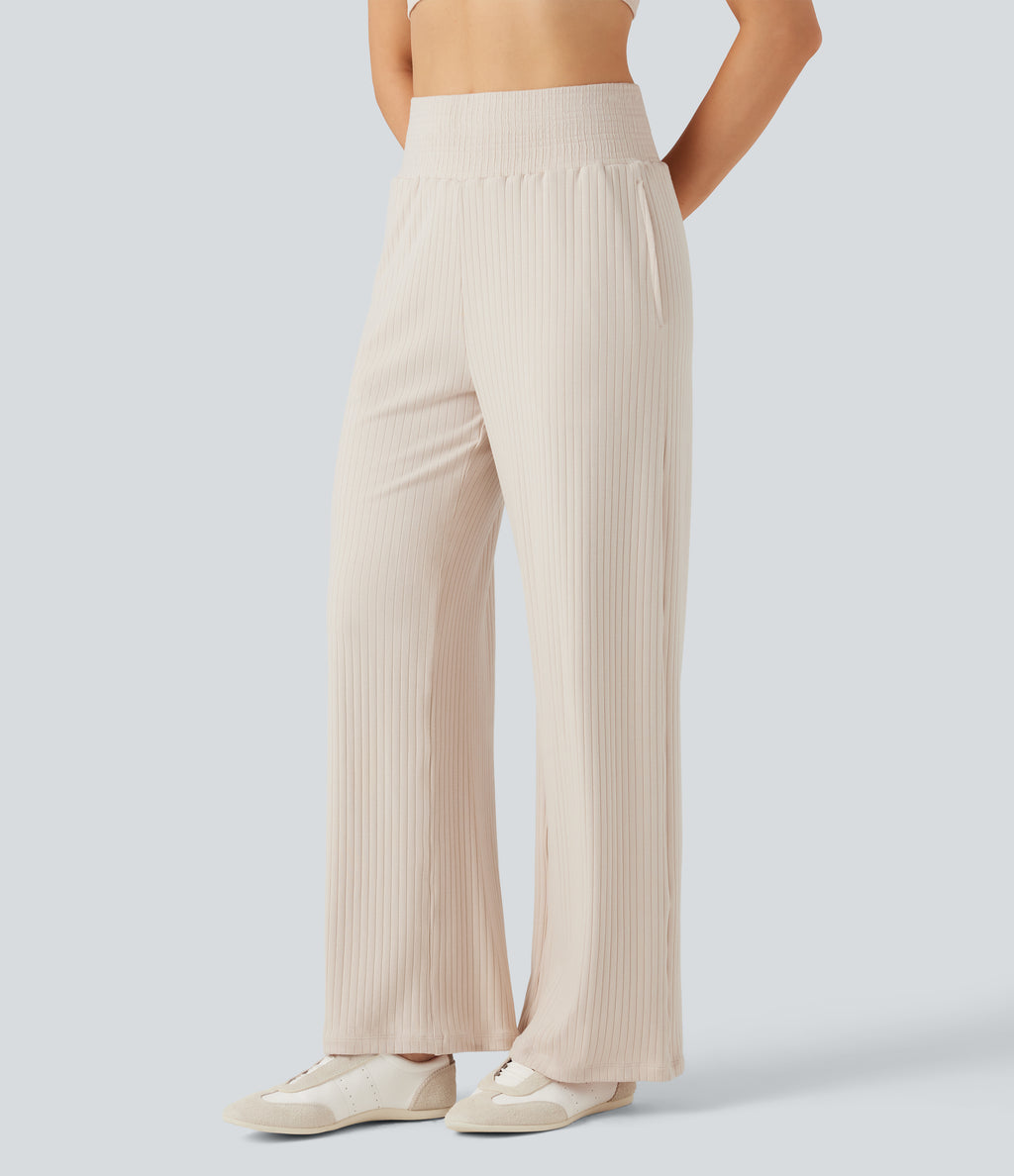 Ribbed Knit High Waisted Casual Trousers with Pockets — Turtledove — view 3