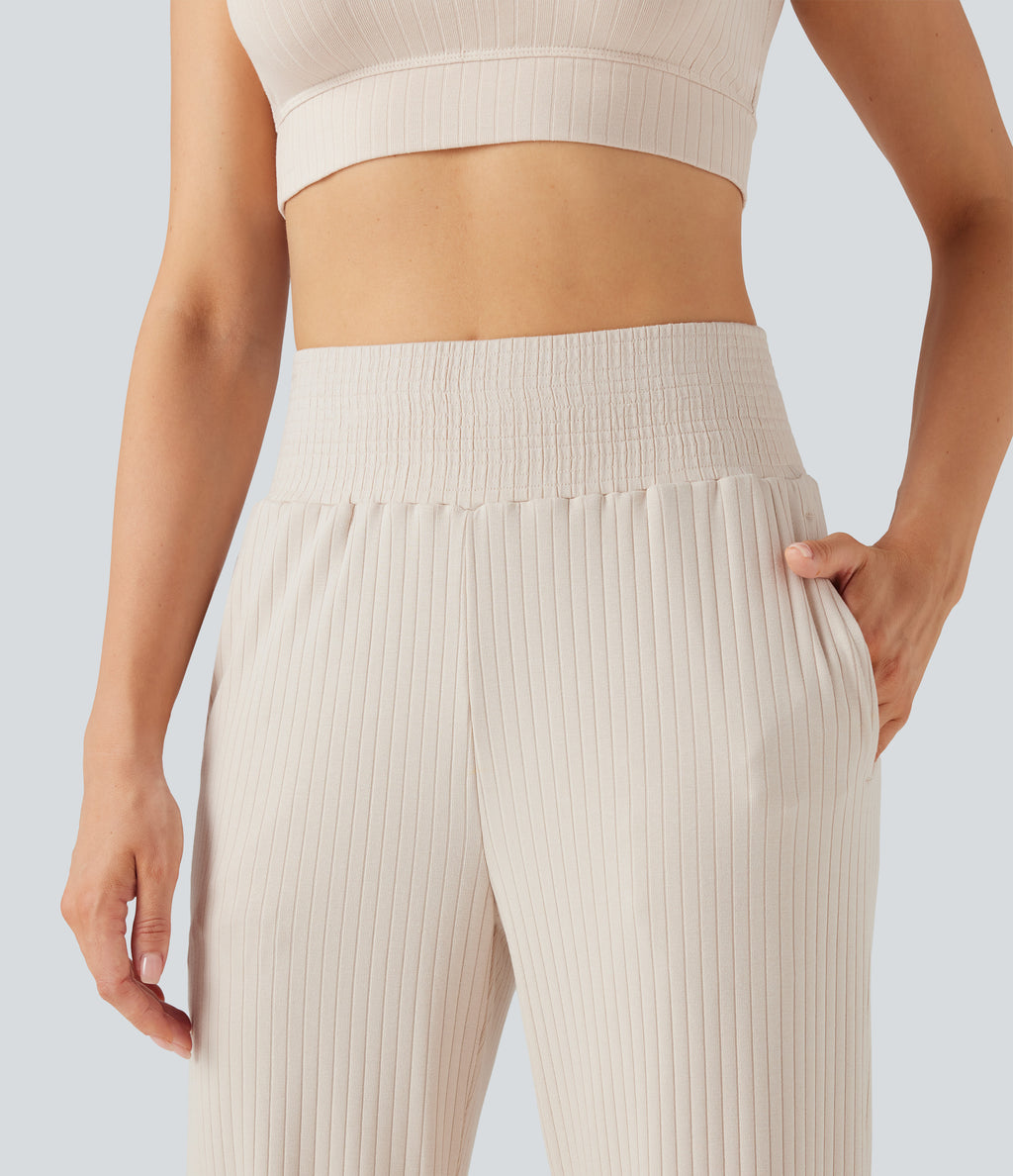 Ribbed Knit High Waisted Casual Trousers with Pockets — Turtledove — view 4