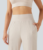 Ribbed Knit High Waisted Casual Trousers with Pockets — Turtledove — view 4