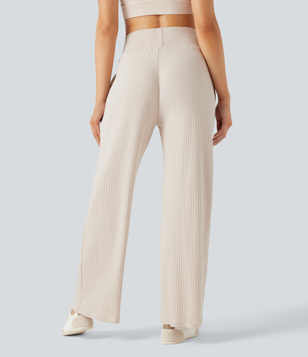 Ribbed Knit High Waisted Casual Trousers with Pockets — Turtledove — view 2