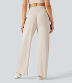 Ribbed Knit High Waisted Casual Trousers with Pockets — Turtledove — view 2
