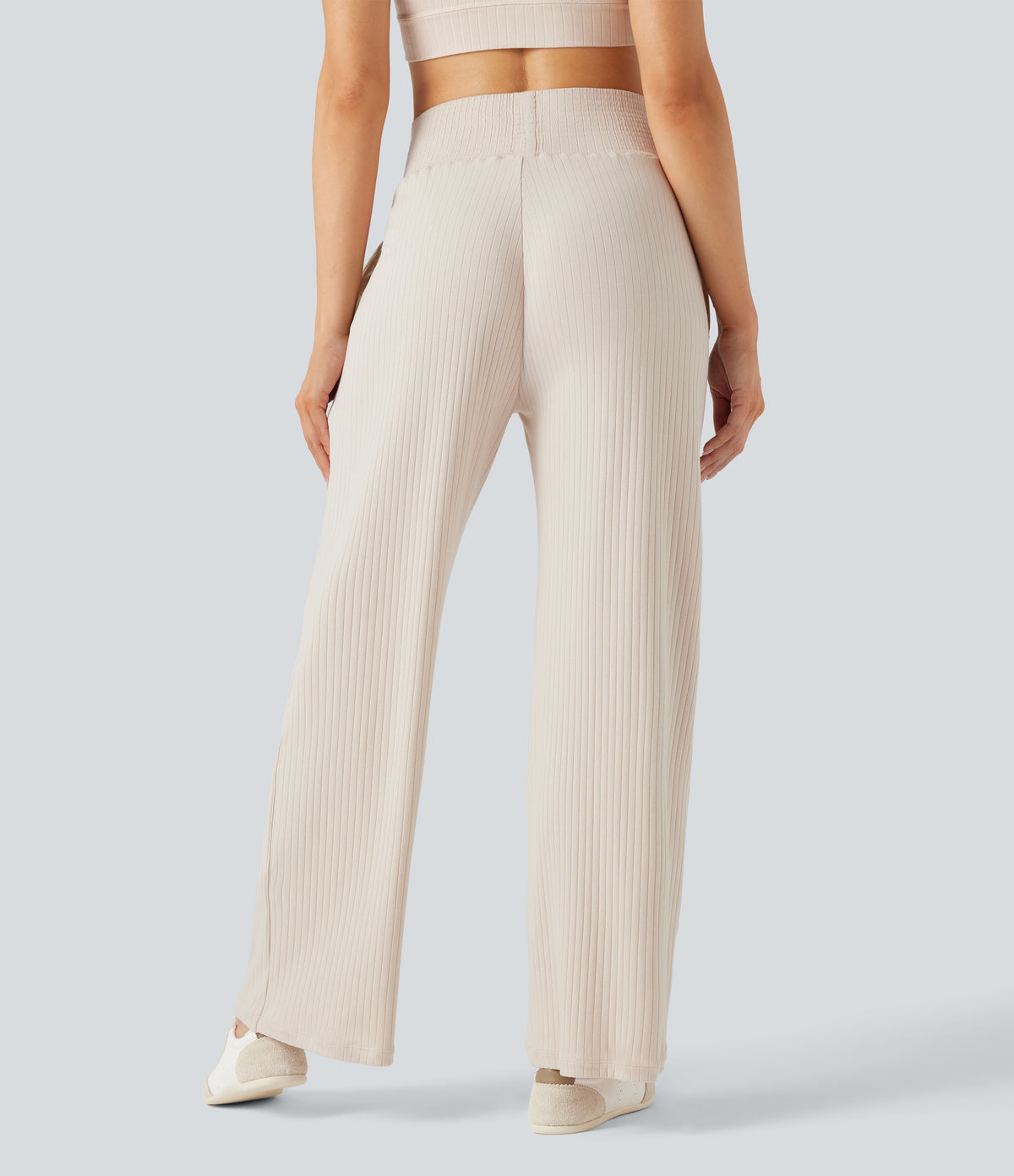 Ribbed Knit High Waisted Casual Trousers with Pockets — Turtledove — view 2