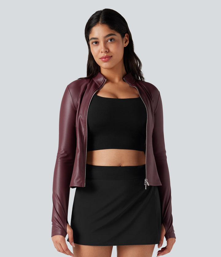 Stand Collar Long Sleeve Thumb Hole Fleece Casual PU Faux Leather Jacket — Red Mahogany — view 1