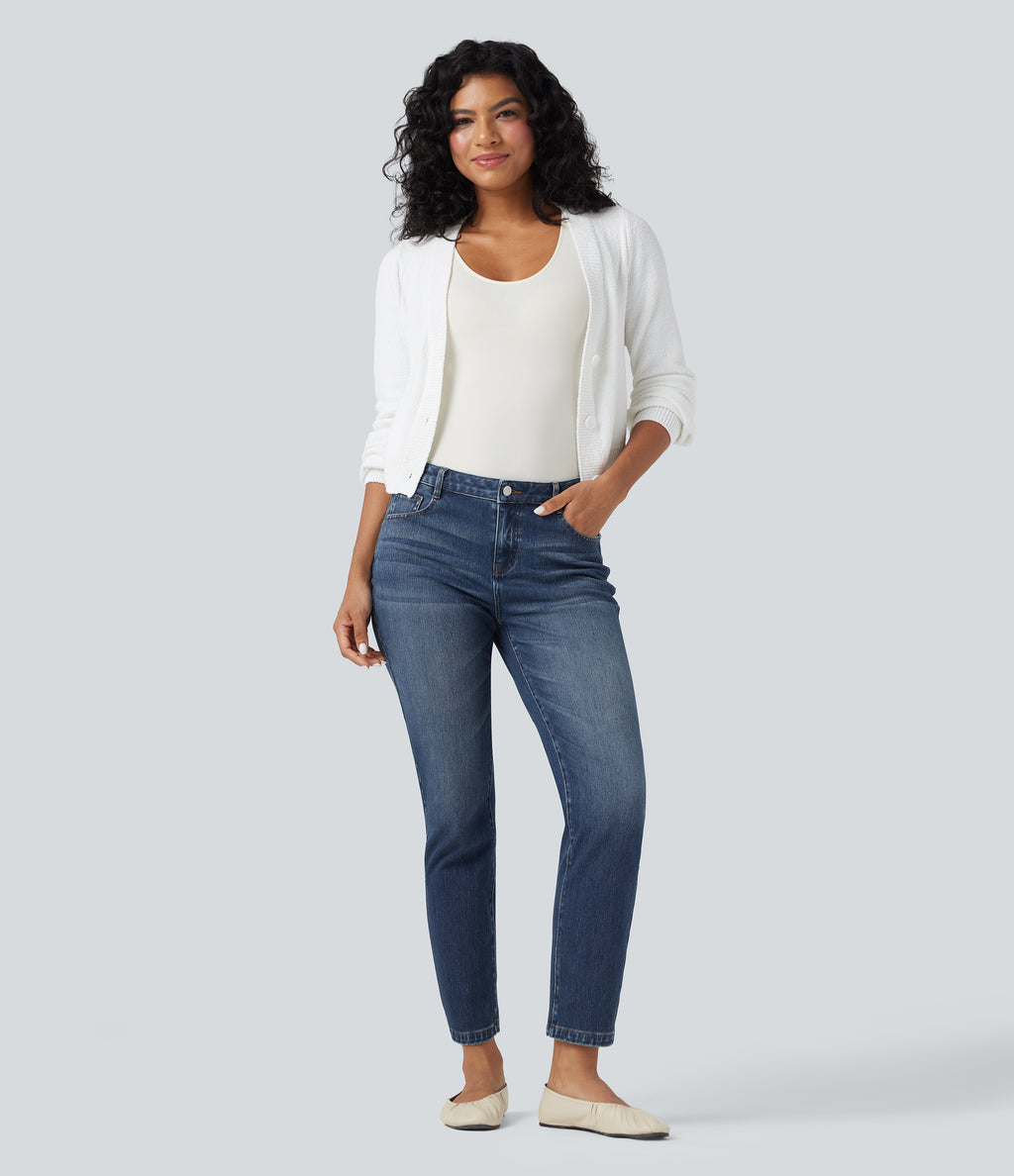 Mid Rise Slim 7/8 Causal Jeans with Pockets — Estate Blue Denim — view 6