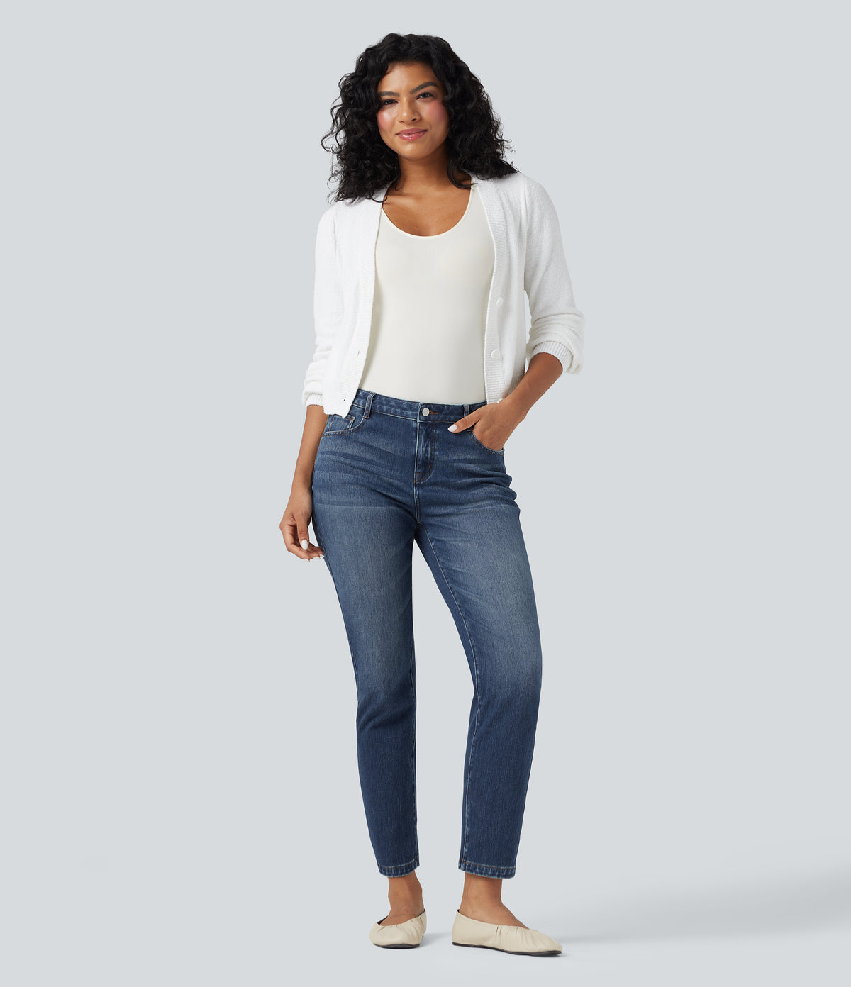 Mid Rise Slim 7/8 Causal Jeans with Pockets — Estate Blue Denim — view 6