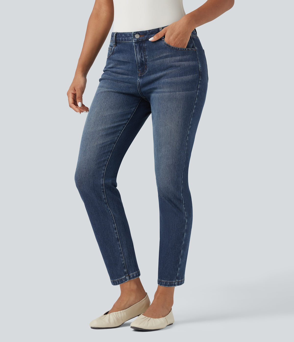 Mid Rise Slim 7/8 Causal Jeans with Pockets — Estate Blue Denim — view 3