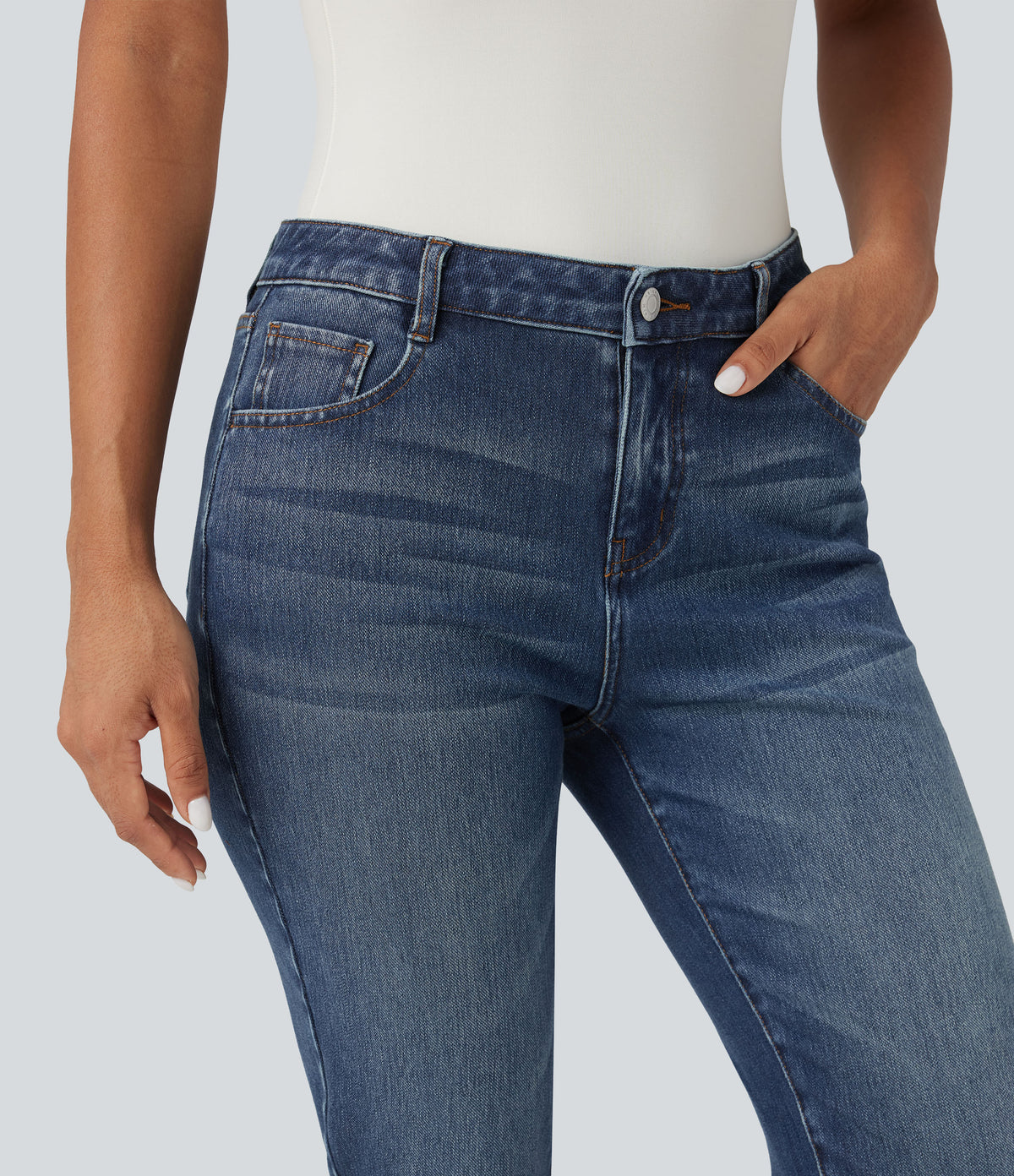 Mid Rise Slim 7/8 Causal Jeans with Pockets — Estate Blue Denim — view 4