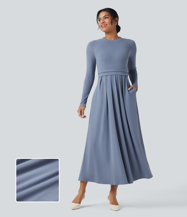 Mock-neck Long Sleeve A-line Casual Maxi Dress with Pockets — Stonewash — view 1