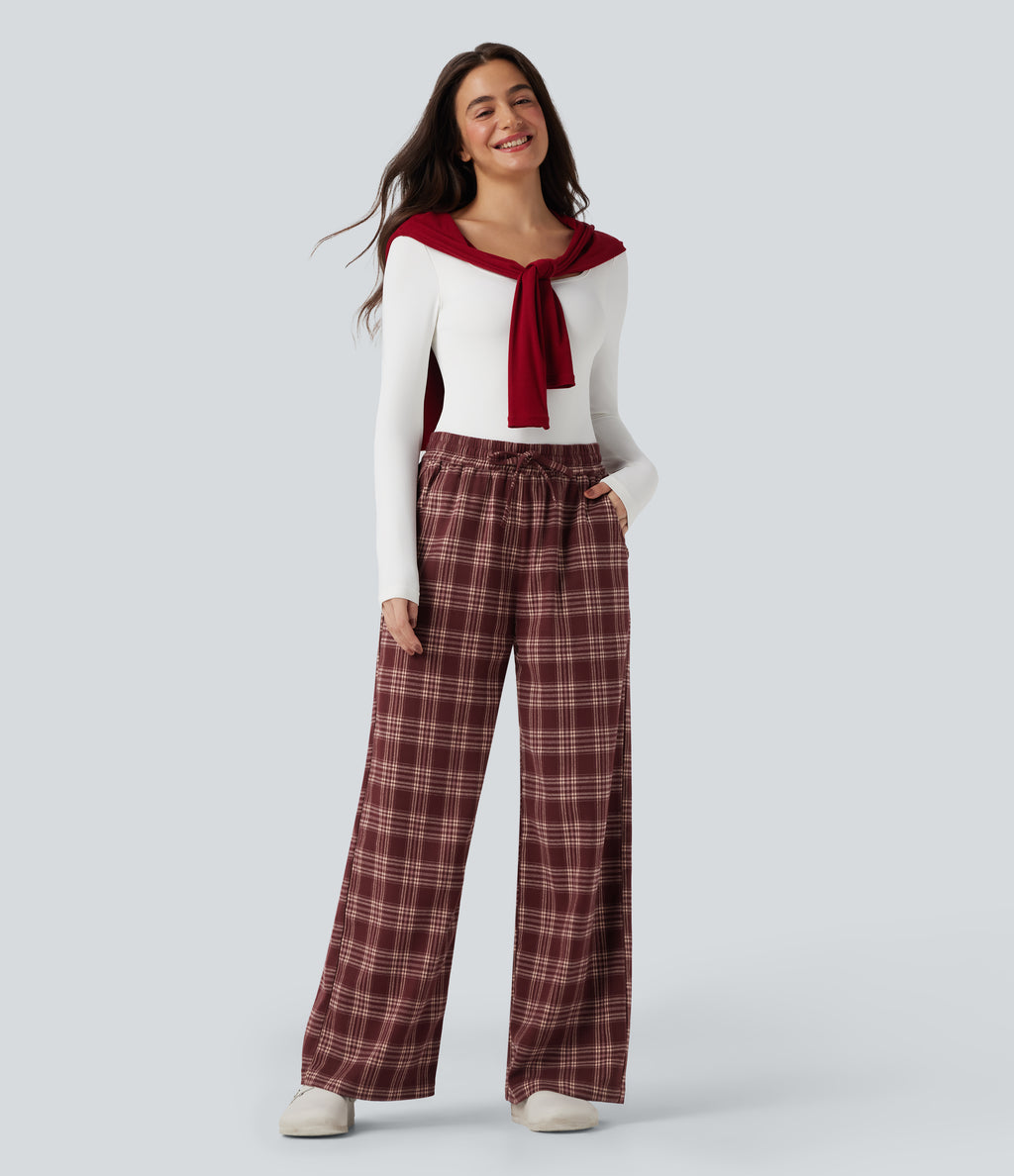High-waisted Plaid Print Casual Baggy Trousers with Pockets — Brick Red Plaid — view 5