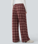 High-waisted Plaid Print Casual Baggy Trousers with Pockets — Brick Red Plaid — view 2