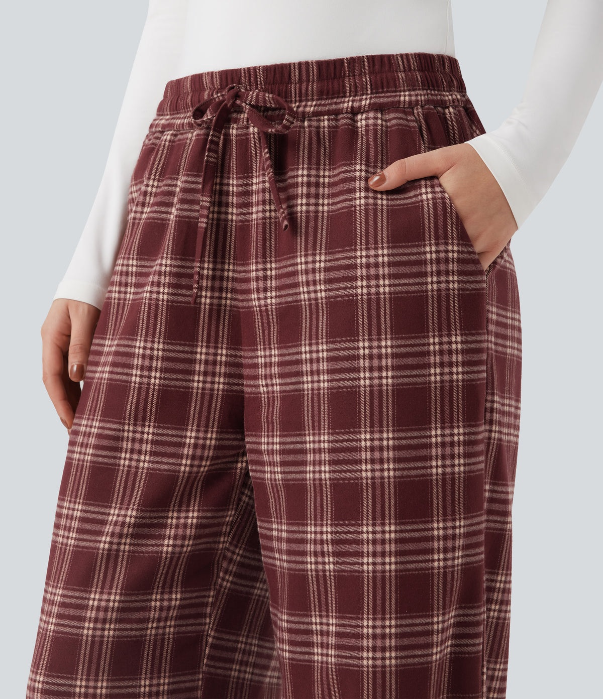 High-waisted Plaid Print Casual Baggy Trousers with Pockets — Brick Red Plaid — view 4