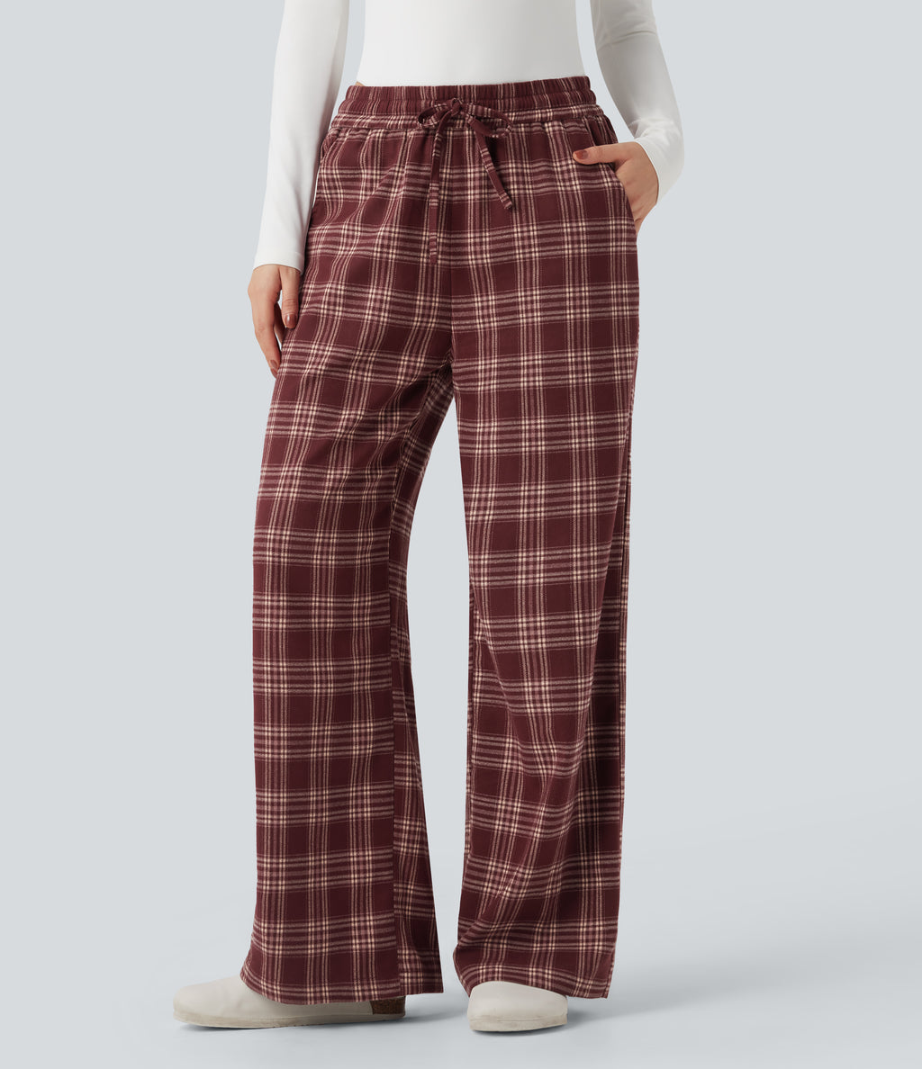 High-waisted Plaid Print Casual Baggy Trousers with Pockets — Brick Red Plaid — view 1