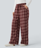 High-waisted Plaid Print Casual Baggy Trousers with Pockets — Brick Red Plaid — view 3