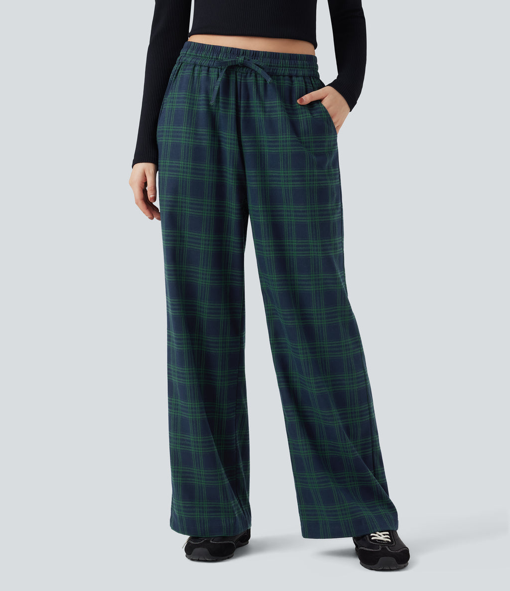 High-waisted Plaid Print Casual Baggy Trousers with Pockets — Highland Pine Plaid — view 6
