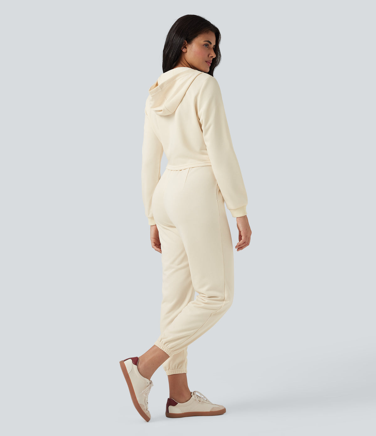 Hooded Long Sleeve Casual Jogger Jumpsuit with Pockets-Edition — Antique White — view 3