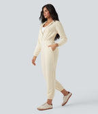 Hooded Long Sleeve Casual Jogger Jumpsuit with Pockets-Edition — Antique White — view 2