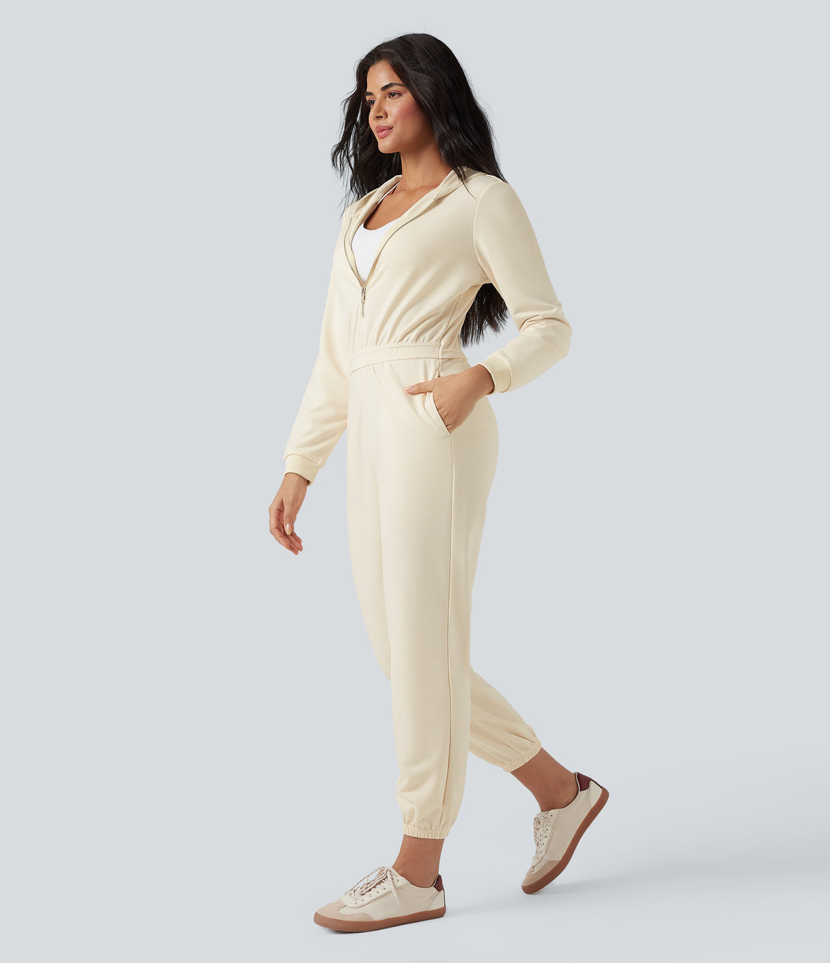 Hooded Long Sleeve Casual Jogger Jumpsuit with Pockets-Edition — Antique White — view 2