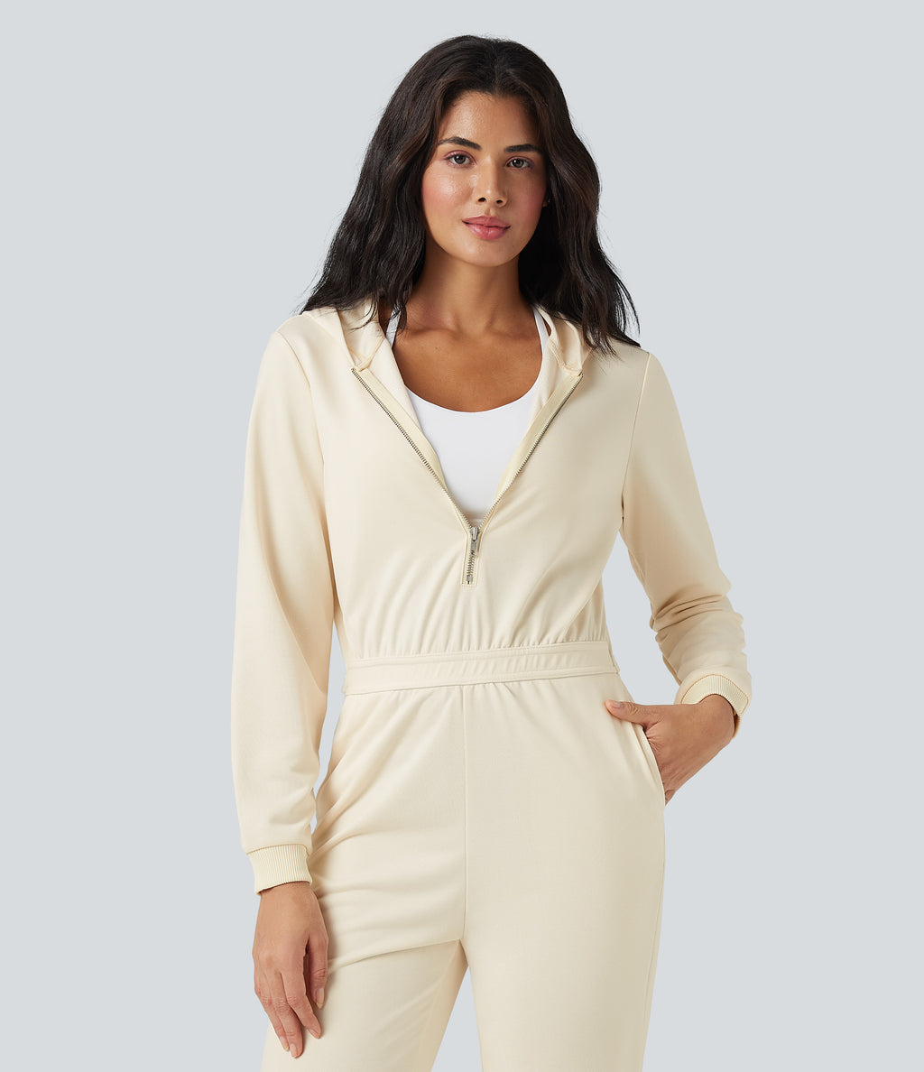 Hooded Long Sleeve Casual Jogger Jumpsuit with Pockets-Edition — Antique White — view 6