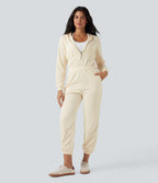 Hooded Long Sleeve Casual Jogger Jumpsuit with Pockets-Edition — Antique White — view 1